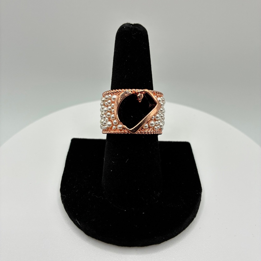 Women's Ring Size 9.5 Rose Gold Faux Pearl Heart Cluster Statement Band